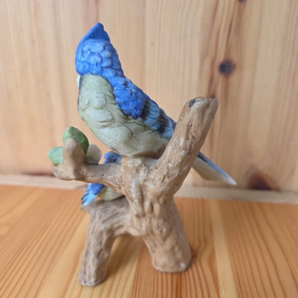 Vintage Porcelain Blue Jay and Fledgling Bird Figurine on Branch with Flower